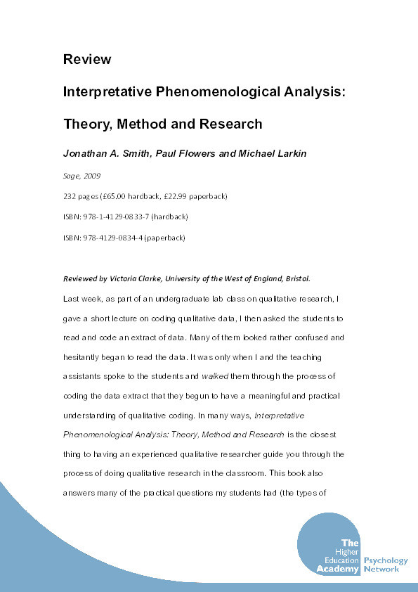 Review of the book "Interpretative Phenomenological Analysis: Theory, Method and Research" Thumbnail