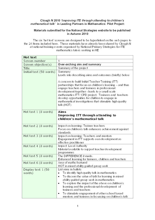 Improving ITE through attending to children’s mathematical talk’ in Leading Partners in Mathematics: Pilot Project Thumbnail