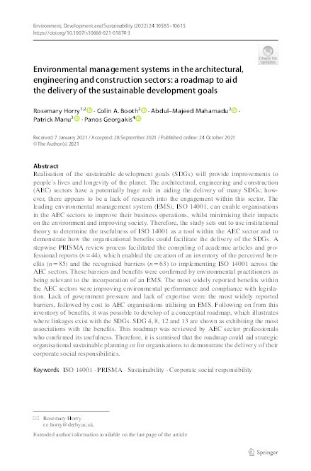Environmental management systems in the architectural, engineering and construction sectors: A roadmap to aid the delivery of the sustainable development goals Thumbnail
