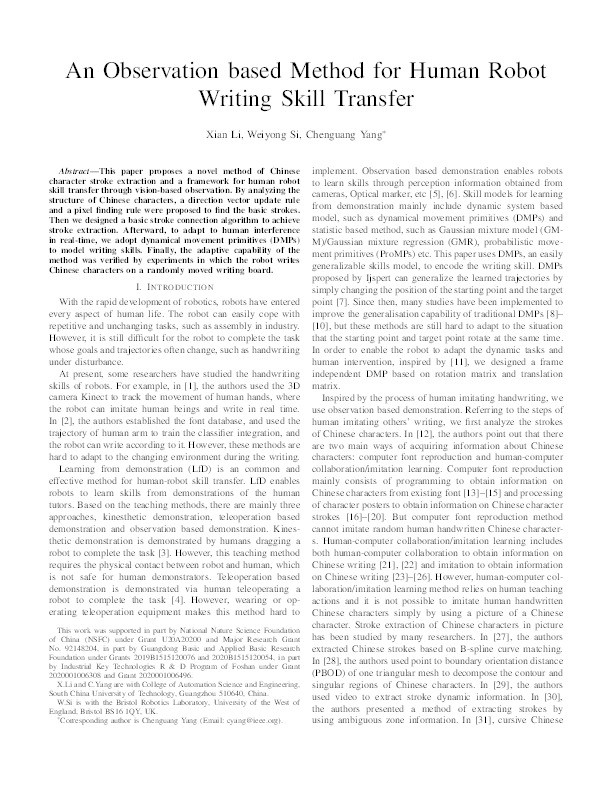 An observation based method for human robot writing skill transfer Thumbnail