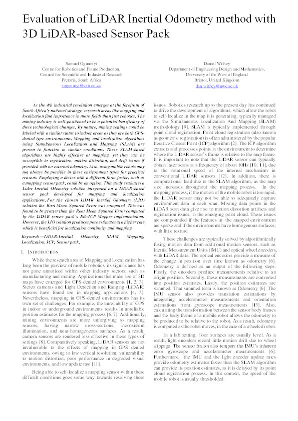 Evaluation of LiDAR Inertial Odometry method with 3D LiDAR-based sensor pack Thumbnail