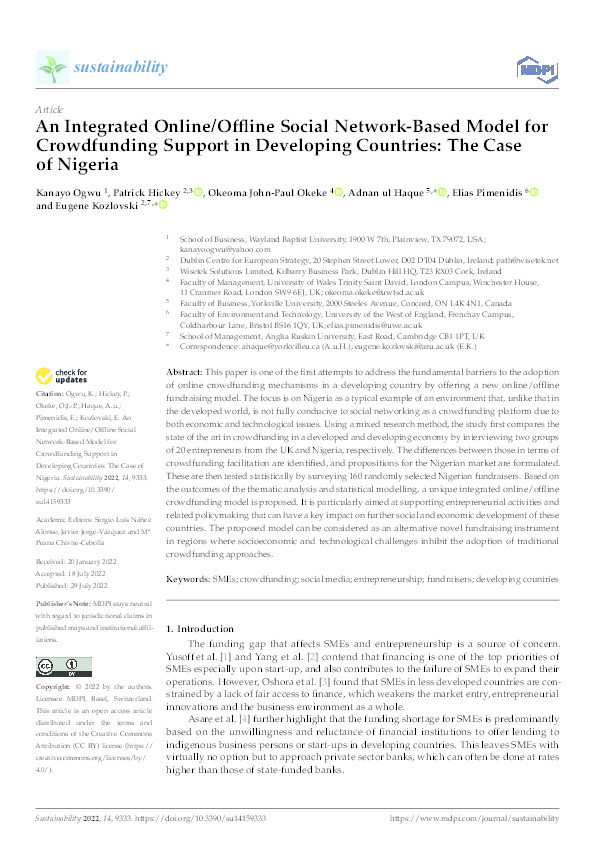 An integrated online/offline social network-based model for crowdfunding support in developing countries: The case of Nigeria Thumbnail