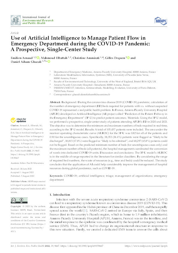 Use of artificial intelligence to manage patient flow in emergency department during the COVID-19 pandemic: A prospective, single-center study Thumbnail