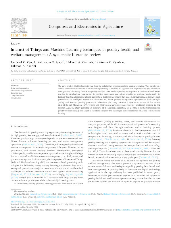 Internet of things and machine learning techniques in poultry health and welfare management: A systematic literature review Thumbnail