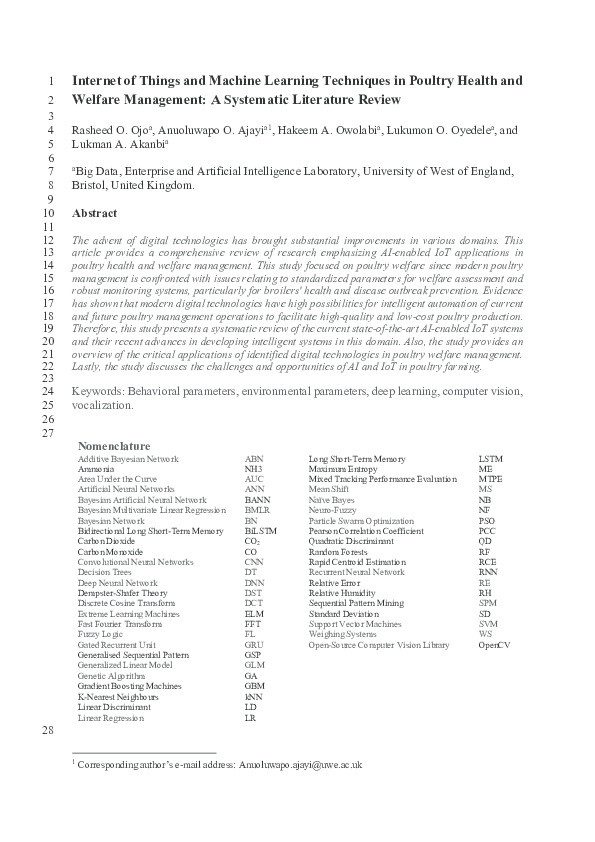 Internet of things and machine learning techniques in poultry health and welfare management: A systematic literature review Thumbnail