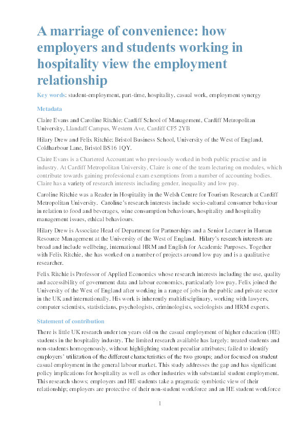 A marriage of convenience: How employers and students working in hospitality view the employment relationship Thumbnail