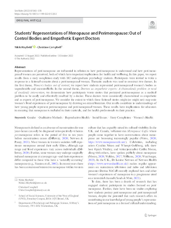 Students’ representations of menopause and perimenopause: Out of control bodies and empathetic expert doctors Thumbnail