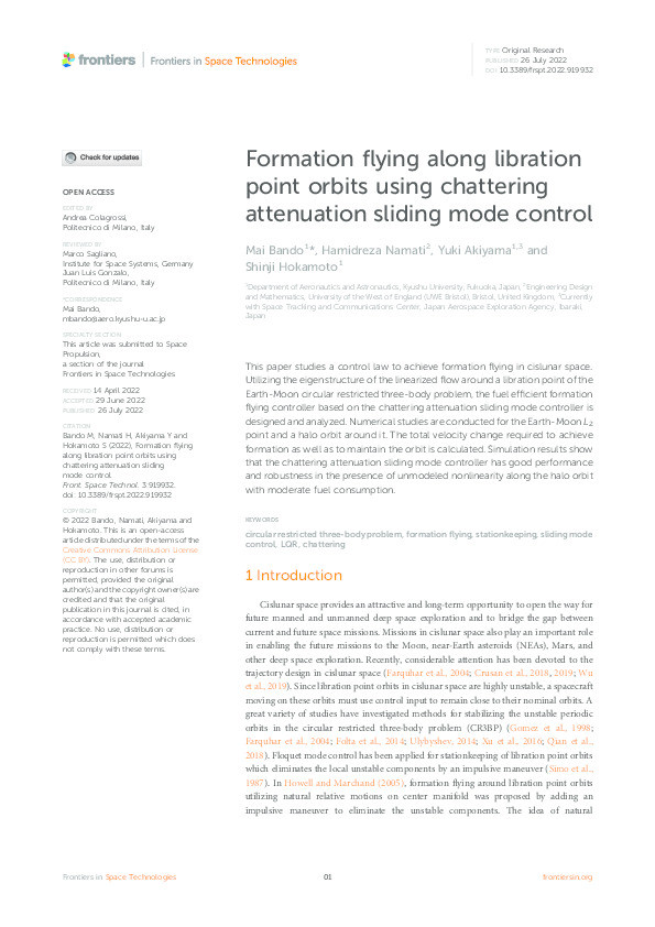 Formation flying along libration point orbits using chattering attenuation sliding mode control Thumbnail