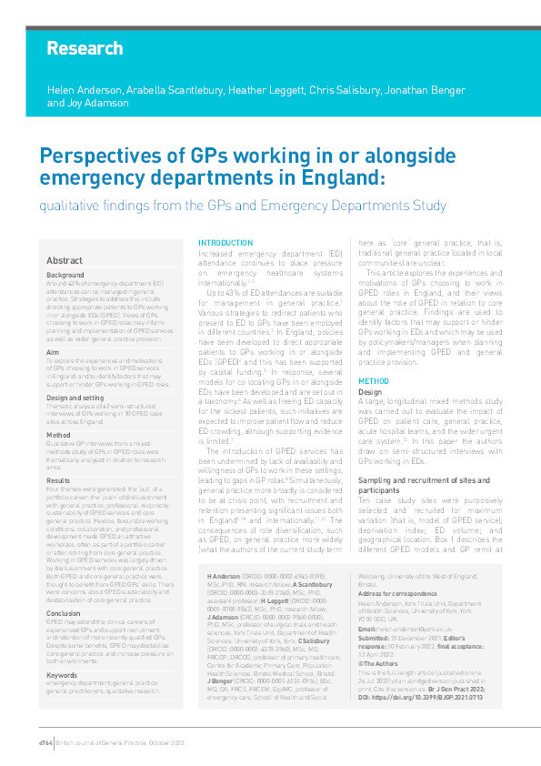 Perspectives of GPs working in or alongside emergency departments in England: Qualitative findings from the GPs and emergency departments study Thumbnail