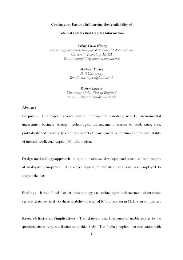 Contingency factors influencing the availability of 
internal intellectual capital information Thumbnail