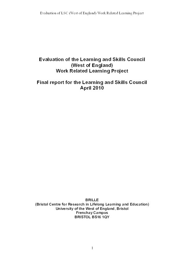 Evaluation of the Learning and Skills Council (West of England) work-related learning project Thumbnail