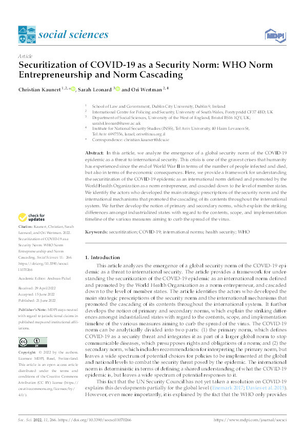 The securitization of COVID-19 as a security norm: WHO norm entrepreneurship and norm cascading Thumbnail