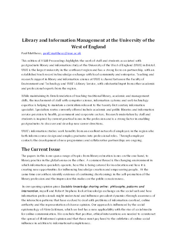 Library and Information Management at the University of the West of England Thumbnail