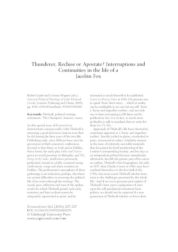 Thunderer, recluse or apostate? Interruptions and continuities in the life of a Jacobin fox Thumbnail