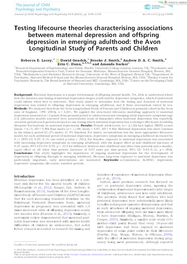 Testing lifecourse theories characterising associations between maternal depression and offspring depression in emerging adulthood: The Avon Longitudinal Study of Parents and Children Thumbnail
