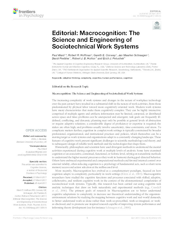 Macrocognition: The science and engineering of sociotechnical work systems Thumbnail