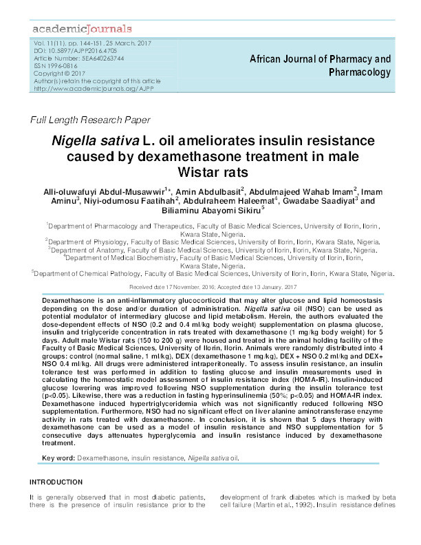 Nigella sativa L. oil ameliorates insulin resistance caused by dexamethasone treatment in male Wistar rats Thumbnail