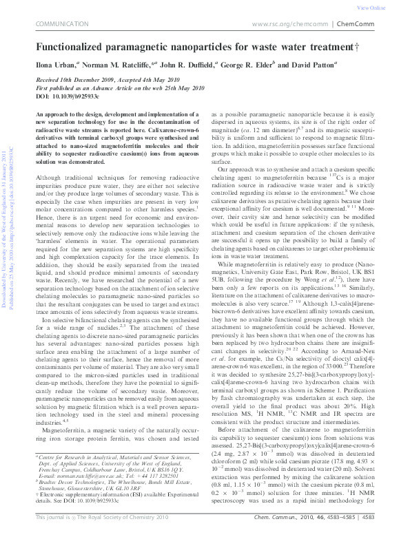 Functionalized paramagnetic nanoparticles for waste water treatment Thumbnail