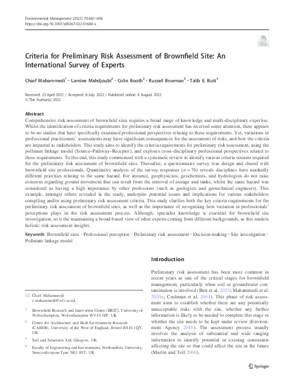 Criteria for preliminary risk assessment of Brownfield site: An international survey of experts Thumbnail