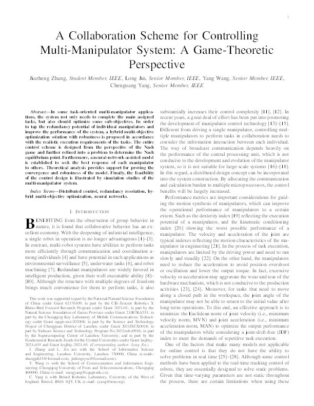 A collaboration scheme for controlling multimanipulator system: A game-theoretic perspective Thumbnail