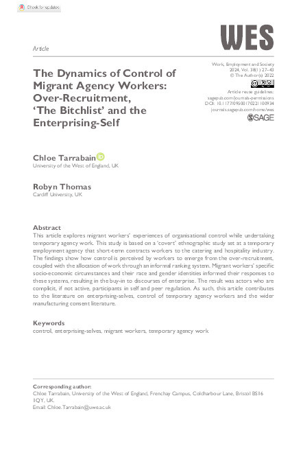 The dynamics of control of migrant agency workers: Over-Recruitment, ‘The Bitchlist’ and the enterprising-self Thumbnail
