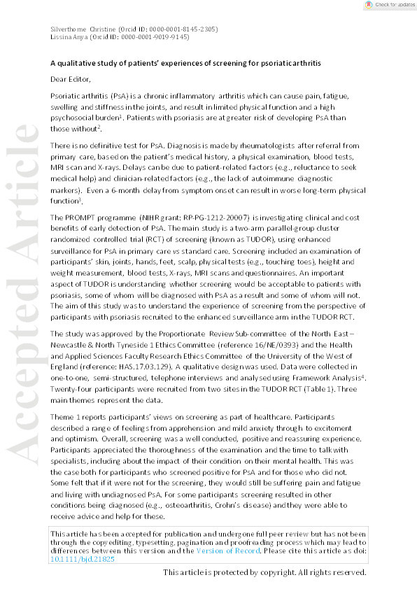 A qualitative study of patients’ experiences of screening for psoriatic arthritis Thumbnail