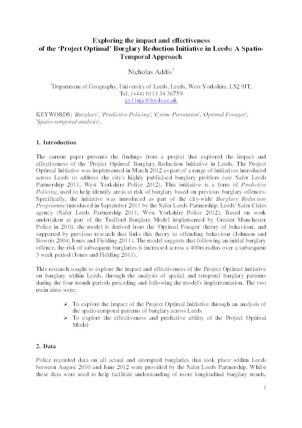 Exploring the impact and effectiveness of the ‘Project Optimal’ burglary reduction initiative in Leeds: A spatio-temporal approach Thumbnail