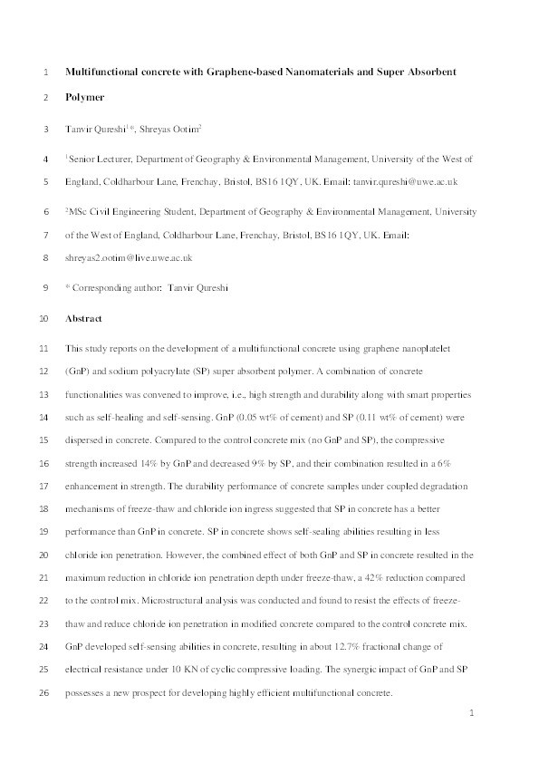 	Multifunctional concrete with Graphene-based nanomaterials and super absorbent polymer Thumbnail