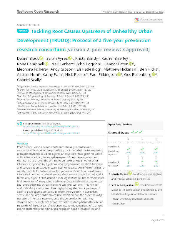 Tackling root causes upstream of unhealthy urban development (TRUUD): Protocol of a five-year prevention research consortium Thumbnail