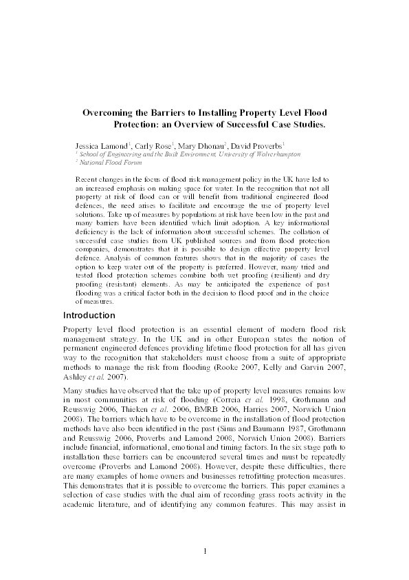Overcoming the barriers to installing property level flood
protection: An overview of successful case studies Thumbnail