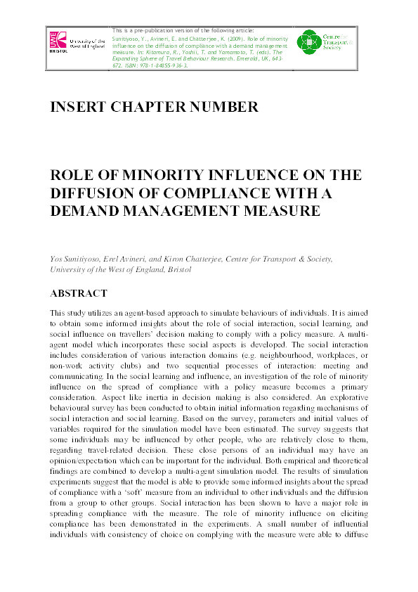 Role of minority influence on the diffusion of compliance with a demand management measure Thumbnail