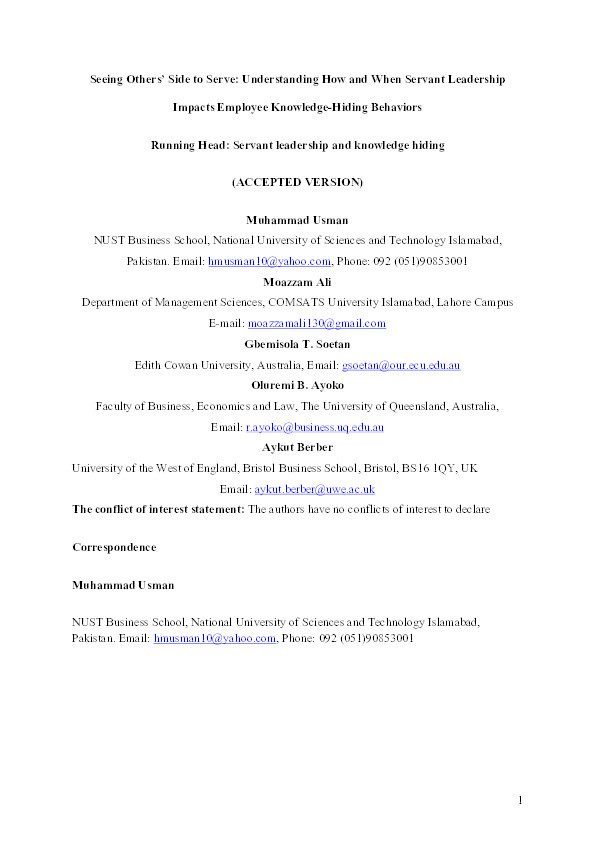 Seeing others’ side to serve: Understanding how and when servant leadership impacts employee knowledge-hiding behaviors Thumbnail