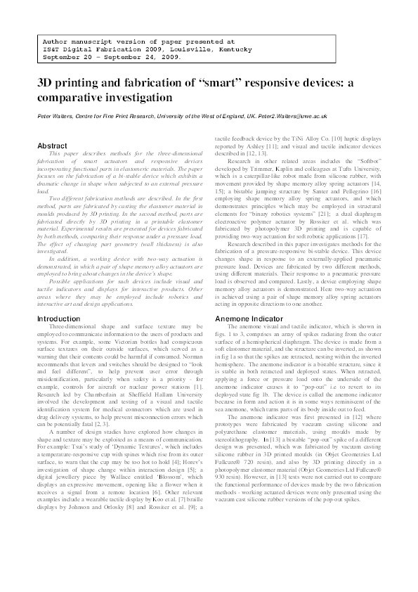 3D printing and fabrication of “Smart” responsive devices: A comparative investigation Thumbnail