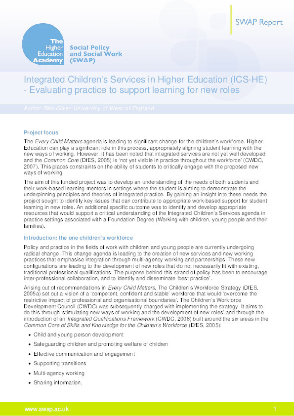 Integrated children’s services: Evaluating practice to support learning for new roles Thumbnail