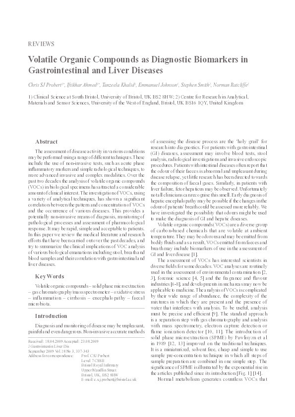 Volatile organic compounds as diagnostic biomarkers in gastrointestinal and liver diseases Thumbnail