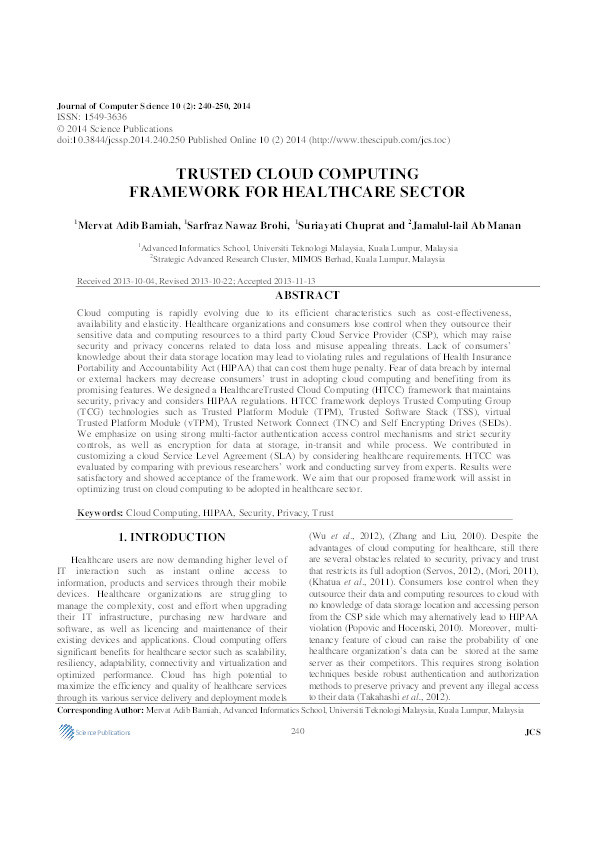 Trusted cloud computing framework for healthcare sector Thumbnail