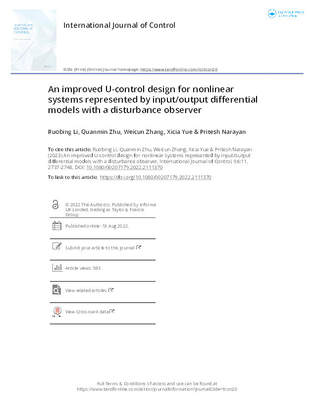 An improved U-control design for nonlinear systems represented by input/output differential models with a disturbance observer Thumbnail