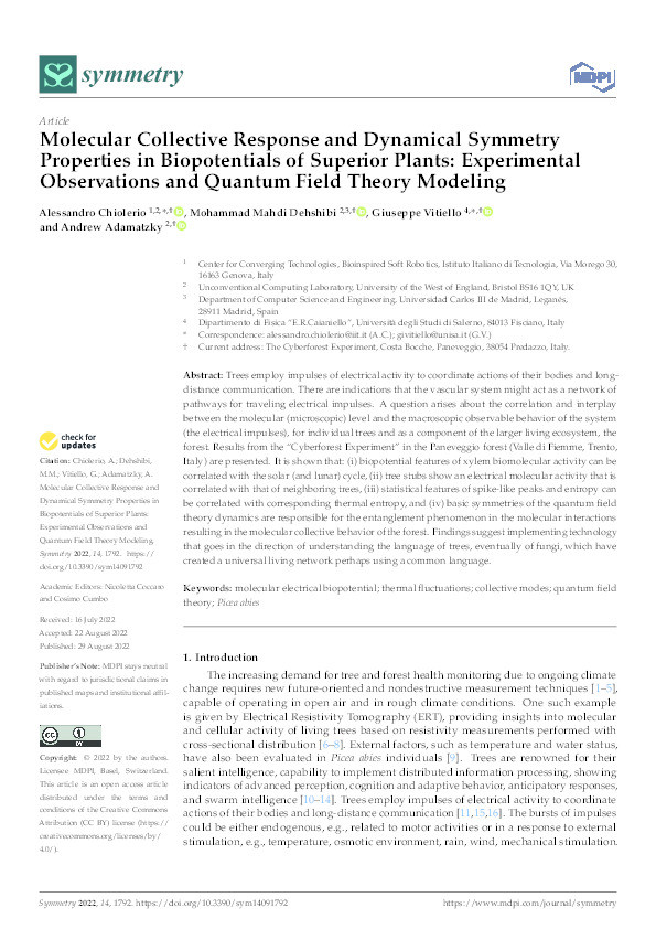 Molecular collective response and dynamical symmetry properties in biopotentials of superior plants: Experimental observations and quantum field theory modeling Thumbnail