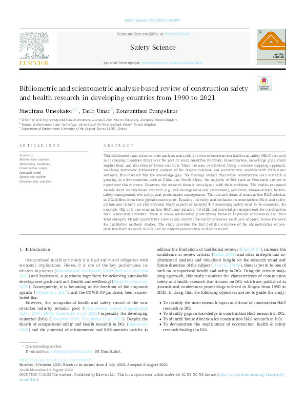 Bibliometric and scientometric analysis-based review of construction safety and health research in developing countries from 1990 to 2021 Thumbnail