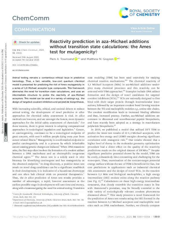 Reactivity prediction in aza-Michael additions without transition state calculations: The Ames test for mutagenicity Thumbnail