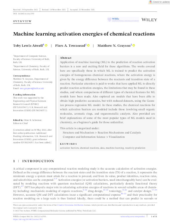 Machine learning activation energies of chemical reactions Thumbnail