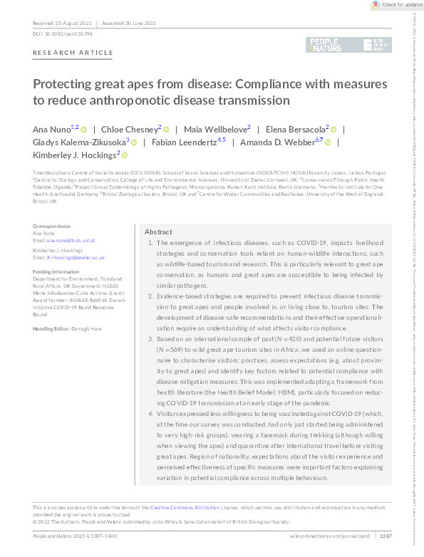 Protecting great apes from disease: Compliance with measures to reduce anthroponotic disease transmission Thumbnail