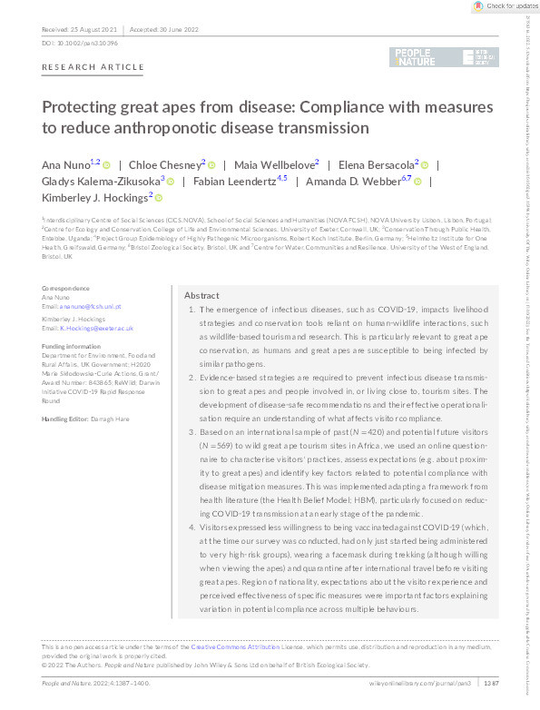 Protecting great apes from disease: Compliance with measures to reduce anthroponotic disease transmission Thumbnail
