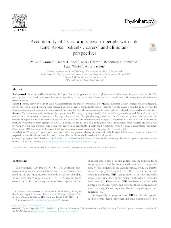 Acceptability of Lycra arm sleeve in people with sub-acute stroke: Patients', carers' and clinicians' perspectives Thumbnail