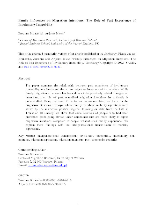 Family influences on migration intentions: The role of past experience of involuntary immobility Thumbnail