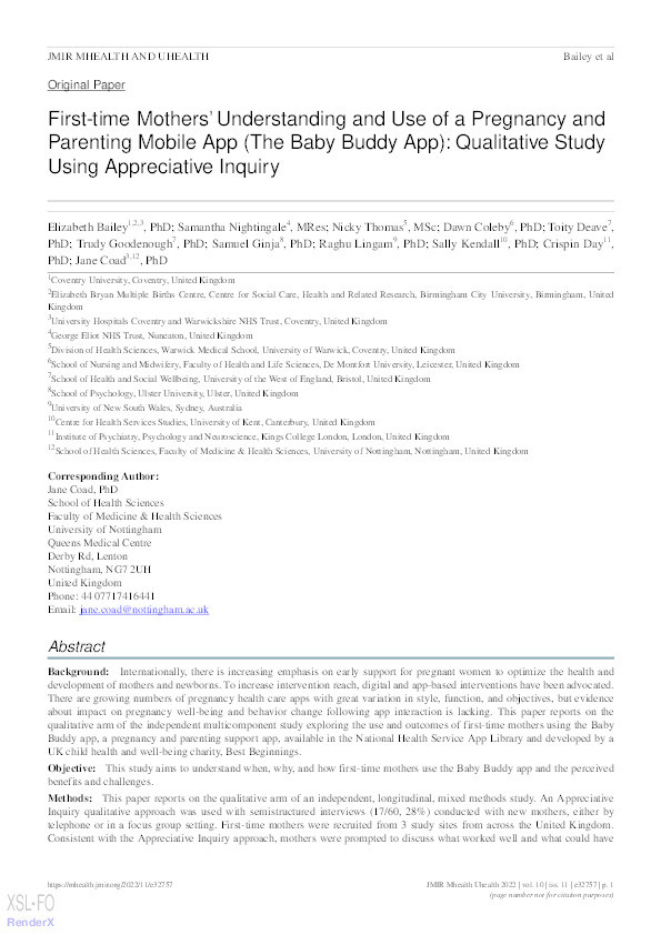 First-time mothers’ understanding and use of a pregnancy and parenting mobile application (The Baby Buddy app): a qualitative study using appreciative inquiry Thumbnail