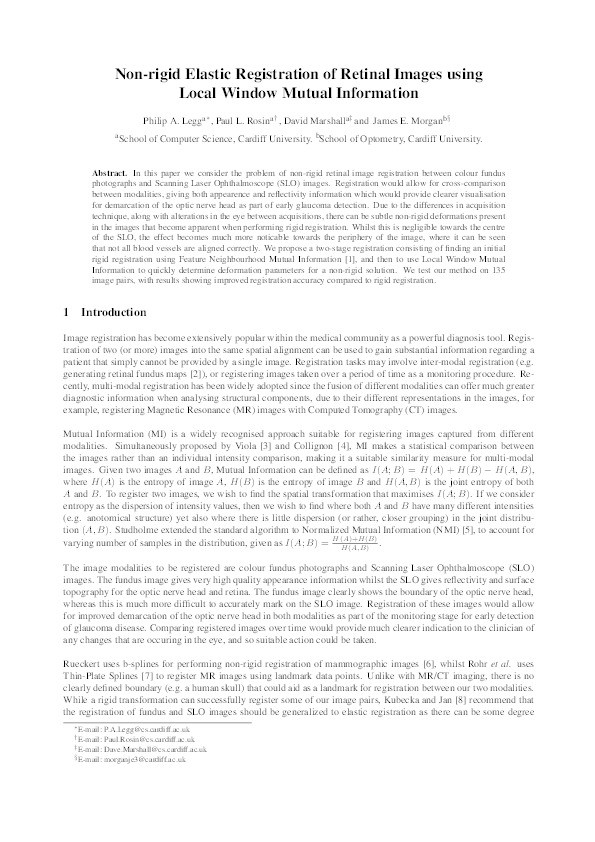 Non-rigid elastic registration of retinal images using local window mutual information Thumbnail