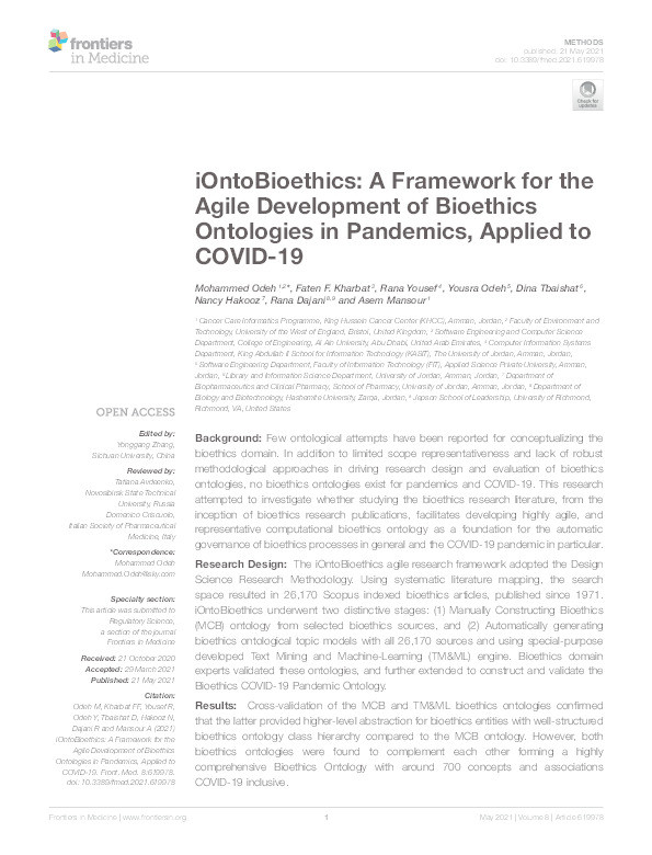 OntoBioethics: A framework for the agile development of bioethics ontologies in pandemics, applied to COVID-19 Thumbnail