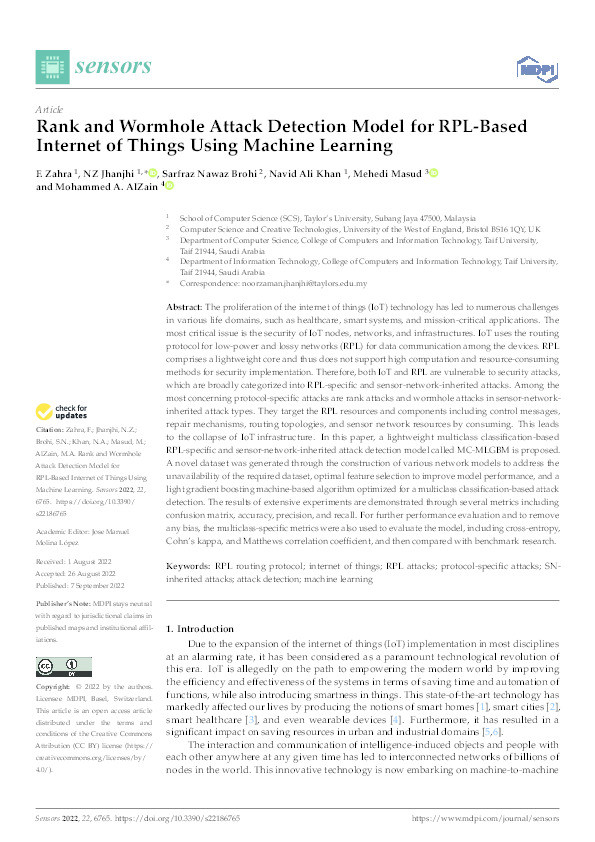 Rank and wormhole attack detection model for RPL-based Internet of Things using machine learning Thumbnail