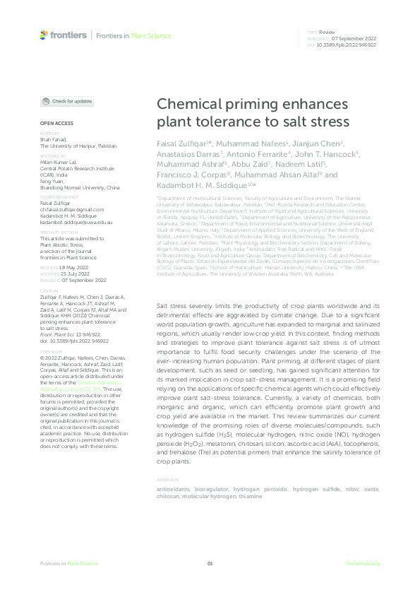 Chemical priming enhances plant tolerance to salt stress Thumbnail